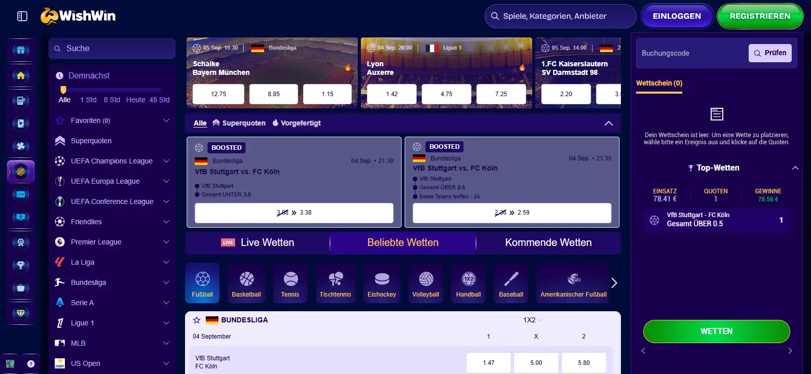 WishWin-Sportwettenbereich mit Sportnavigation, Eventliste und Wettschein