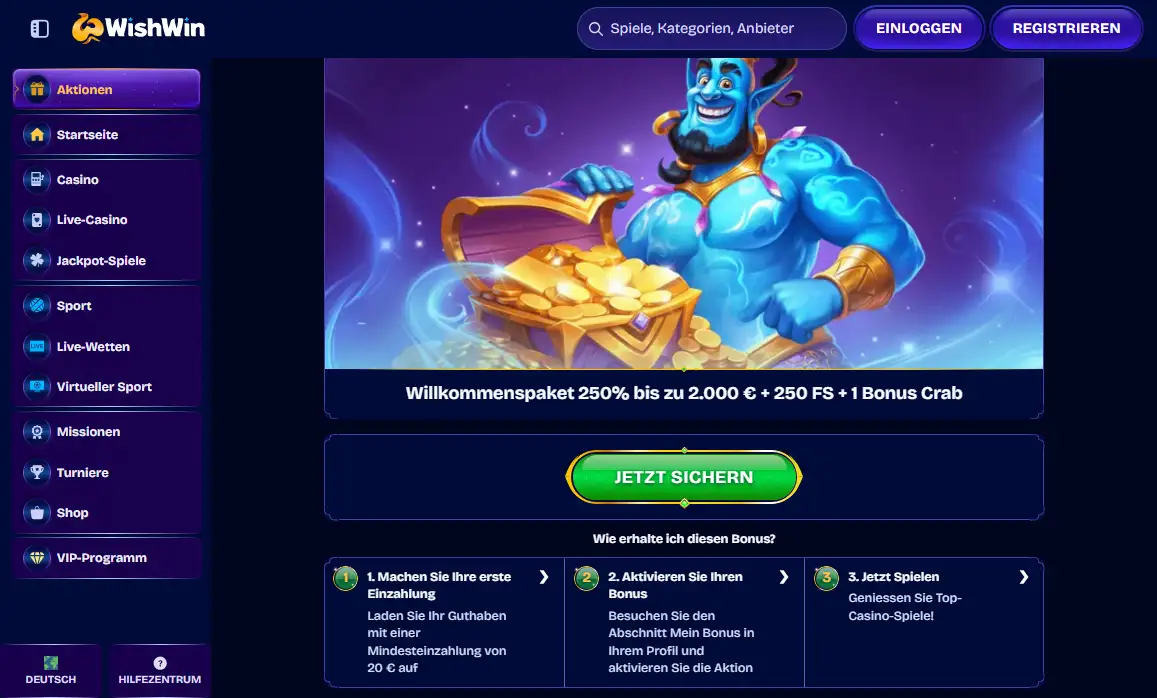 WishWin-Willkommensbonus mit drei Einzahlungsstufen und den zugehörigen Bedingungen