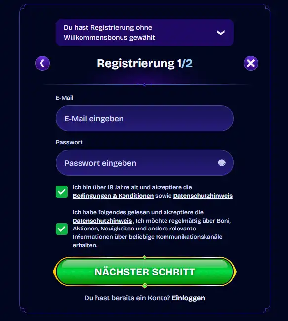 WishWin-Registrierung mit Auswahl für Casino-Bonus, Sport-Bonus, Aktionscode oder Anmeldung ohne Bonus