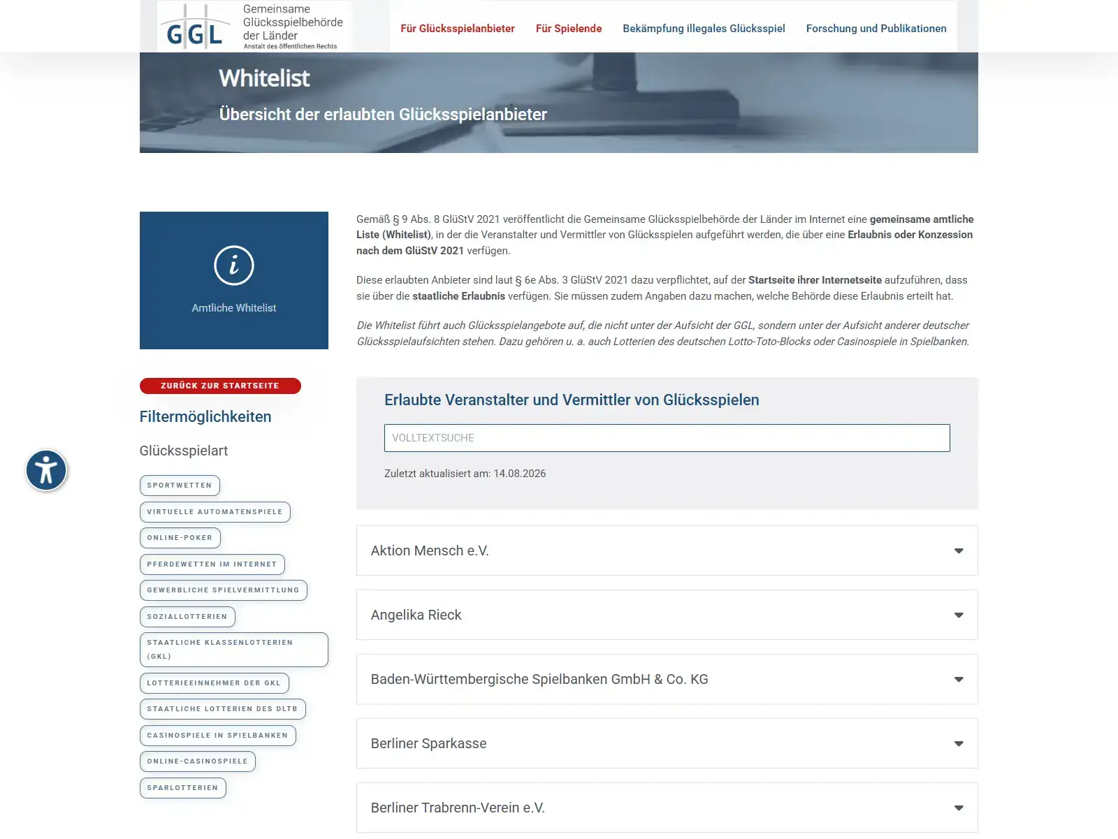 GGL-Whitelist mit Standdatum und Suchfeld für erlaubte Glücksspielanbieter