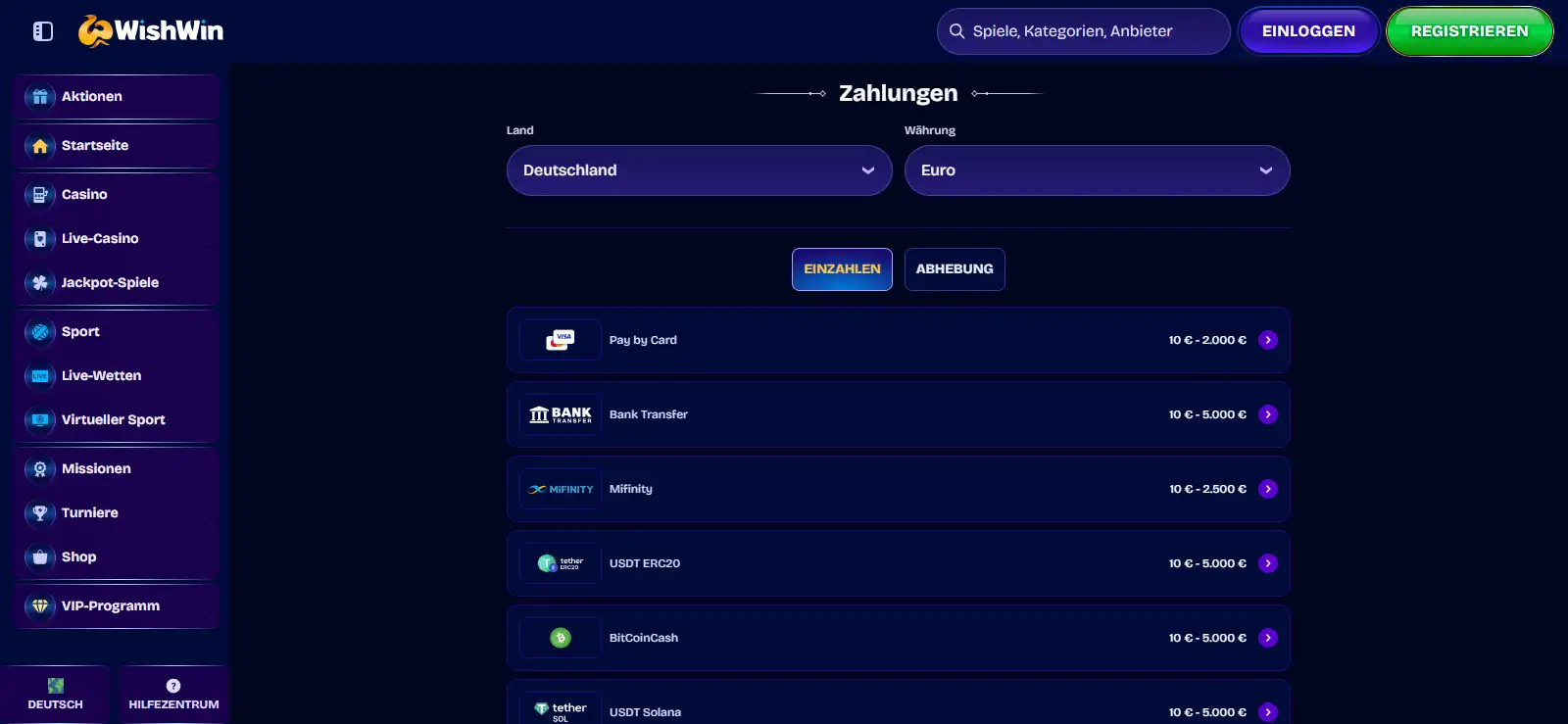 WishWin-Zahlungsbereich mit Logos der angezeigten Zahlungsmethoden