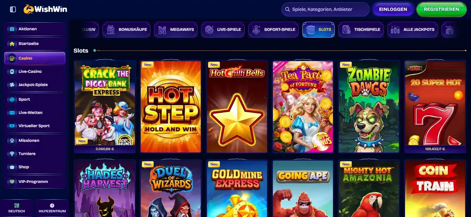 WishWin-Slots-Lobby mit Filtern, Spielauswahl und Demo-Schaltflächen