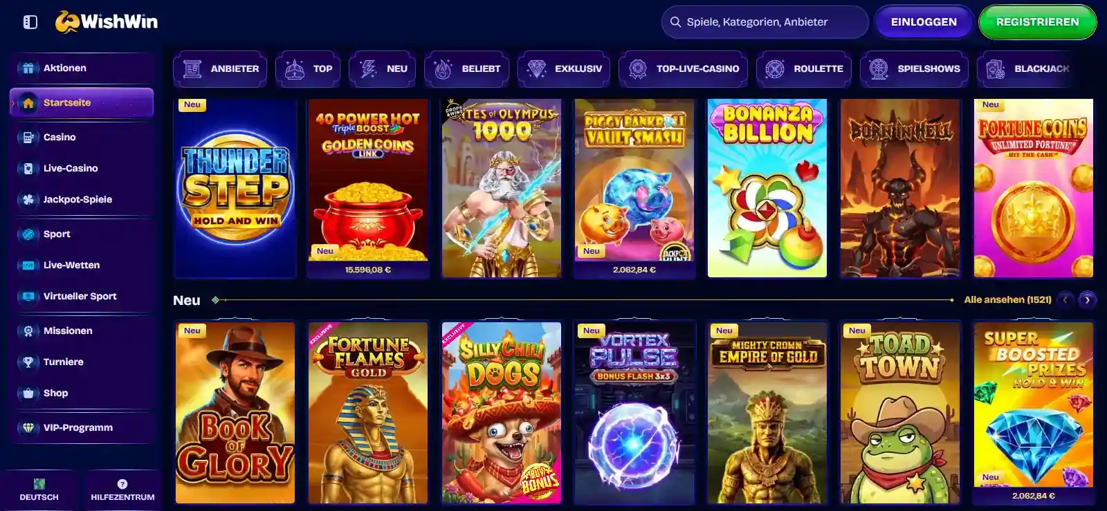WishWin-Startseite auf Deutsch mit den Bereichen Casino, Live Casino und Sport